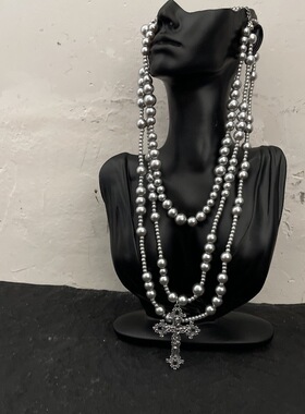 欧美辣妹风多层灰色珍珠十字架吊坠项链女独特时尚个性锁骨链配饰