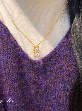 小红书同款珍珠雪人锁骨链镀金萌趣雪人吊坠项链饰品