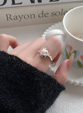 小清新珠光粉苹果锆石可调节开口指环戒指女小众轻奢食指戒