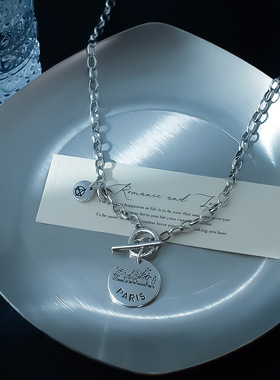 跨境爆款冷淡风paris英文圆牌项链OT扣小众百搭时尚复古法国颈链