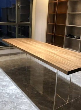 侘寂风炭化黑实木大板餐桌设计师创意工作台亚克力悬浮泡茶会议桌