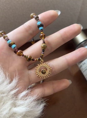 新中式天然石太阳花串珠项链复古锁骨链民族风高级感项饰2025新款