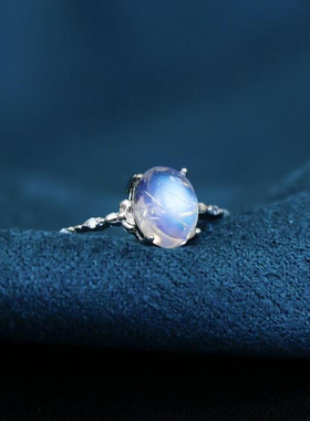 《摘月》蓝月光石戒指女小众设计纯银闺蜜轻奢开口气质指环可调节