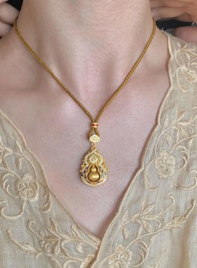 四美福禄黄金色微镶蓝色葫芦吊坠国风新中式长款项链配饰女毛衣