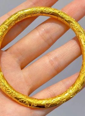 古法金色吉言手镯宽版女款实心闭口金黄色錾刻镯子小众复古风镯子