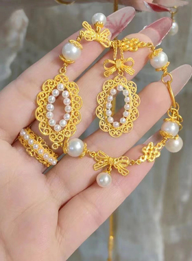 纯铜镀金小红同款蝴蝶结仿珍珠蕾丝花纹项链女轻奢高级感个性首饰