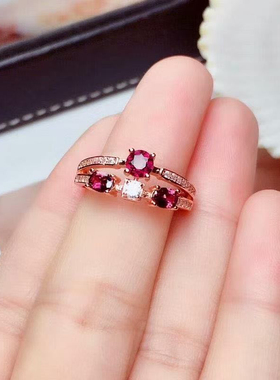 新款红色系超闪天然石榴石戒指个性小众百搭S925纯银镀玫瑰金福利