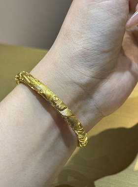 古法黄金色錾刻国色天香牡丹手镯女新中式国潮牡丹花镯子送妈妈礼