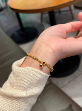 中古时尚百搭烧蓝链手链黄金色红心设计高级感复古百显白气质饰品