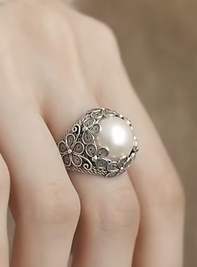 花丝镶嵌戒指女复古做旧国潮花朵气质文艺范轻奢高级感开口食指环