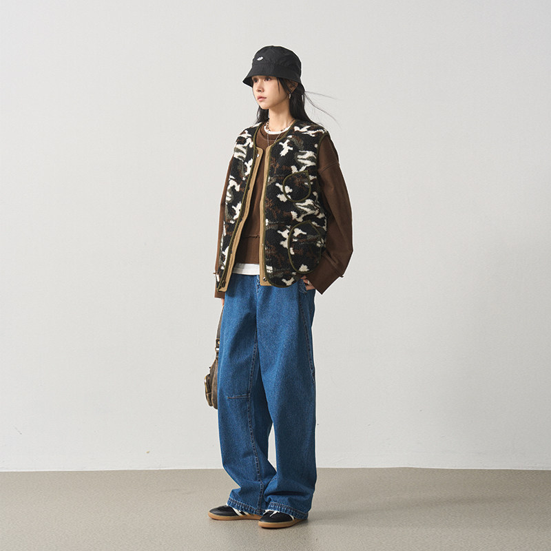 7AM10PM 两面穿羊羔毛马甲 2024复古迷彩背心无袖坎肩夹克外套女,淘宝优惠券,粉丝福利购,淘宝优惠卷