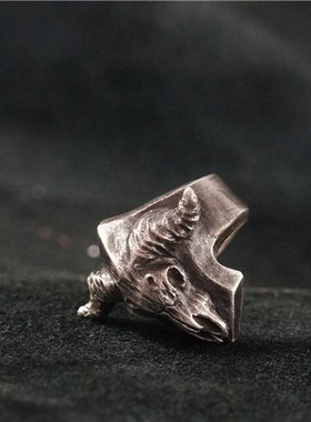 A鸦原创个性邪恶羊头骨盾形925纯银哥特风暗黑先锋男女款戒指环指