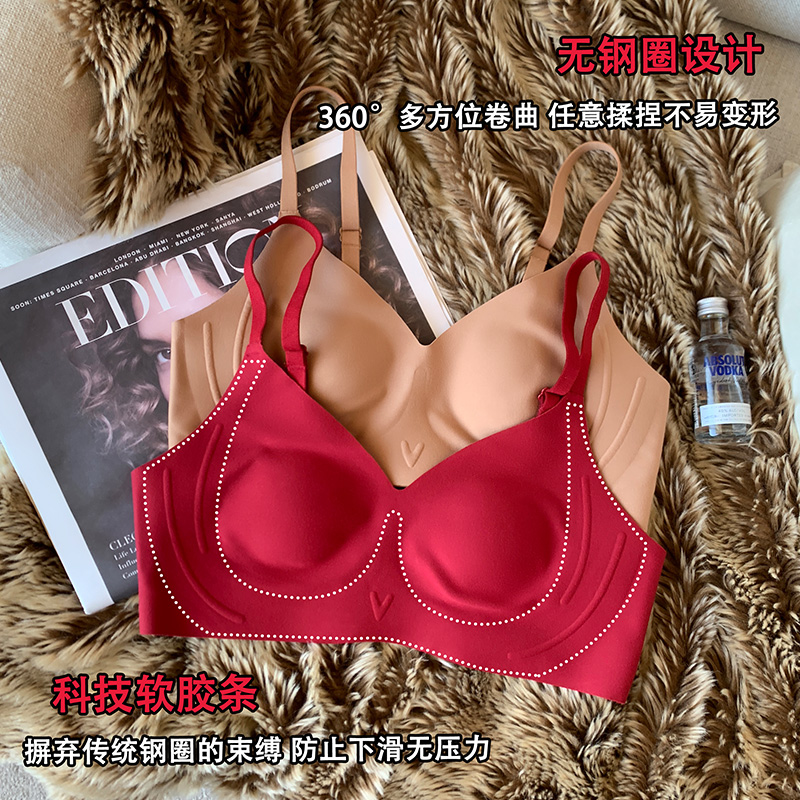 薄款无痕乳胶磨毛内衣女士大胸显小上托无钢圈收副乳防下垂文胸罩-图0