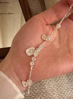 纯银手链 新款纯银925黄财神碎银盘缠银手串调节银手饰送闺蜜