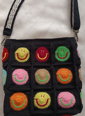 手工编织DIY钩针成品笑脸花花包包自制礼物单肩包钩织解闷可爱