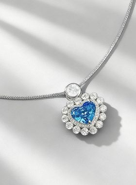 欧美款S925银静谧之心人造海蓝宝爱心吊坠9*11冰花项链2026新款