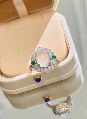 蛋面水沫玉戒指S925纯银冰种小冰蛋指环水滴钻玛瑙新中式玉石戒子