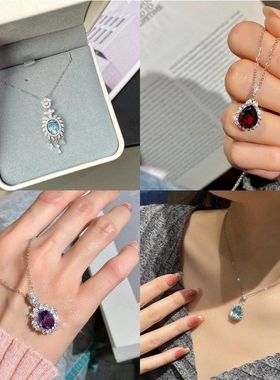 爆款天然彩宝晶石吊坠s925纯银项链女高级设计感锁骨链女跨境专供