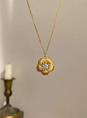 纯银s925布家风拉丝工艺分色电镀富贵花吊坠项链时尚简约2026新款