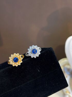 s925纯银欧美宫廷风复古向日葵戒仿海蓝宝石指女轻奢风个性食指戒