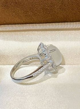 S925银蛋面戒指镶嵌水沫玉玻璃种白冰玉髓戒面气质女指环2025新款