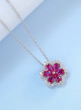 跨境新款个性时尚花瓣培育红宝项链女S925银镶培育彩宝锁骨链百搭