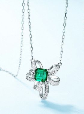 欧美跨境璀璨闪耀彩宝项链女S925银镶培育祖母绿锁骨链毛衣链