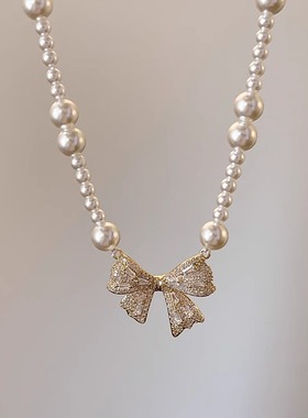 蝴蝶结吊坠珍珠项链女锁骨链配饰