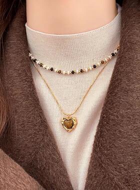 美拉德虎眼石爱心叠戴项链女新款复古轻奢小众气质秋冬毛衣链配饰