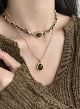 复古美拉德风虎眼石双层叠戴项链