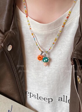 多巴胺彩色笑脸蘑菇吊坠串珠项链