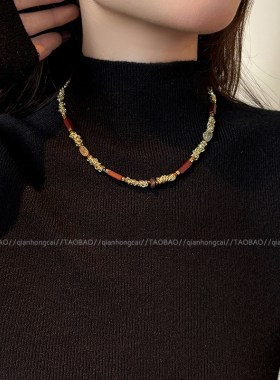 虎眼石项链金属拼接串珠毛衣链女