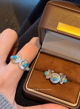 小雏菊绿松石拉丝戒指女开口调节