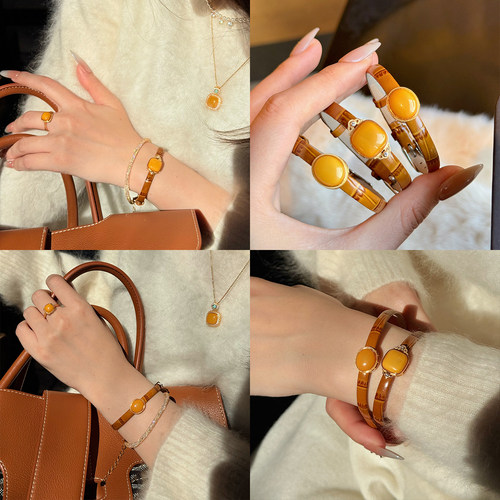 【限时三天上新价】蜜蜂妈手作 蜜蜡方糖椭圆牛皮表带手环手链女 - 图1