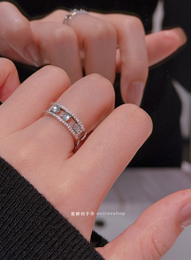 蓝水翡翠滑动镶钻纯银戒指女小众