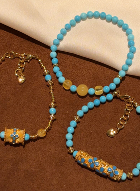 蜜蜂妈原创蜜蜡青瓷绿松石手链女