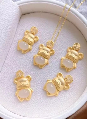 纯银镶嵌白玉蛋面镂空福寿老鼠清新工艺小巧精致文艺简单女款