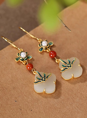 纯银镶嵌和田玉白玉多宝珐琅四叶草幸运草个性复古风四件套装