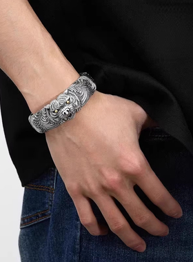 纯银猛虎手镯男士款厚重潮款宽版开口霸气个性银镯子复古手环