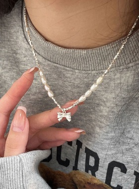 s925纯银天然珍珠蝴蝶结女项链