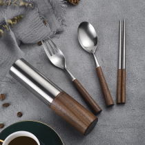 Portable Chopsticks Spoon Suit Black Sandalwood Walnut Cylindrical Wood Stainless Steel Knife Fork travel cutlery for one person