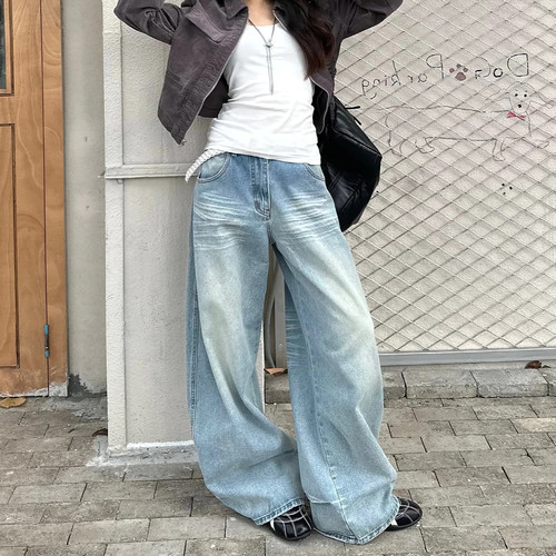 大码美式复古高腰刺绣阔腿牛仔裤女胖mm宽松显瘦弯刀休闲拖地裤子 - 图3
