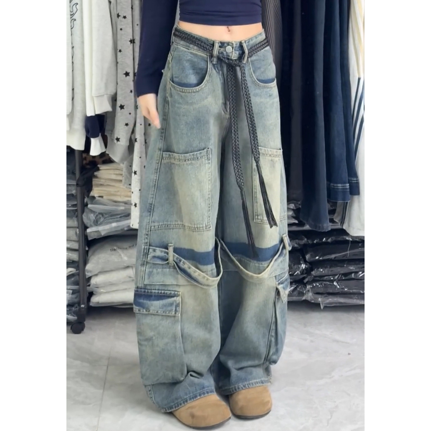 美式vibe大码复古做旧工装拼接弯刀牛仔裤男女街头宽松阔腿长裤潮,淘宝优惠券,粉丝福利购,淘宝优惠卷