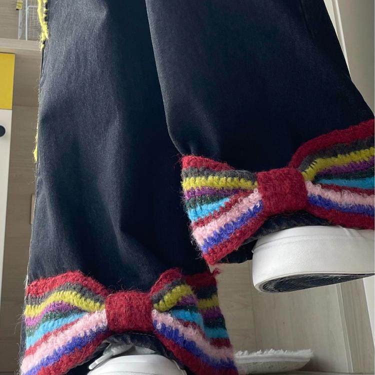 大码美式复古彩线流苏蝴蝶结牛仔裤女2025设计感宽松直筒阔腿长裤,淘宝优惠券,粉丝福利购,淘宝优惠卷