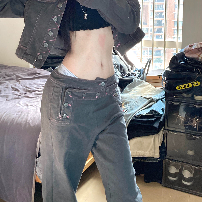 大码美式复古双腰头纽扣设计牛仔裤女2025秋季辣妹宽松垂感直筒裤 - 图2