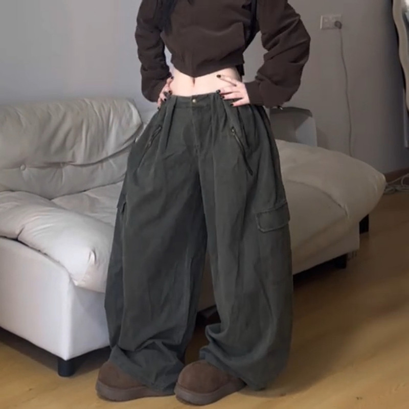 大码美式复古多口袋褶皱工装牛仔裤女2025秋冬宽松休闲阔腿拖地裤,淘宝优惠券,粉丝福利购,淘宝优惠卷