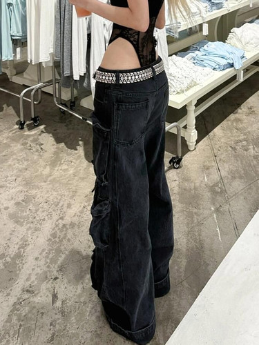 大码美式vibe街头重工水洗多口袋工装牛仔裤女宽松直筒休闲阔腿裤 - 图2