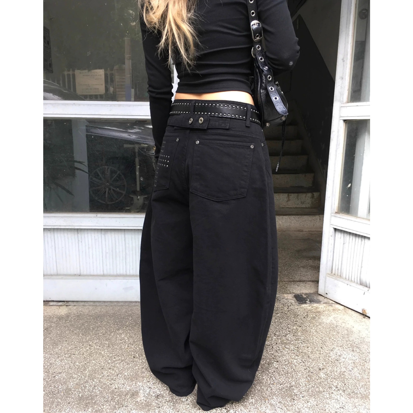 大码美式复古铆钉十字弯刀牛仔裤男女高街宽松显瘦垂感阔腿休闲裤,淘宝优惠券,粉丝福利购,淘宝优惠卷