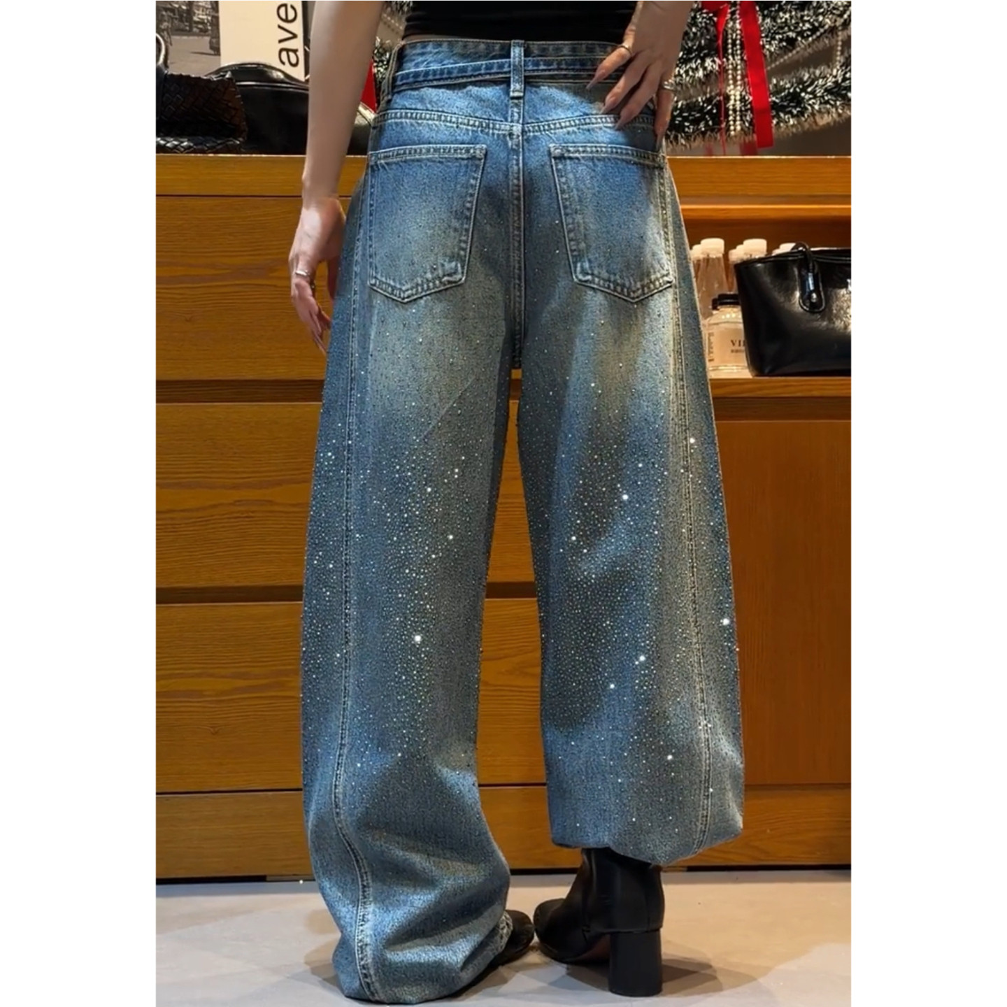 美式大码复古满天星烫钻阔腿牛仔裤女2026春季新款宽松直筒拖地裤,淘宝优惠券,粉丝福利购,淘宝优惠卷