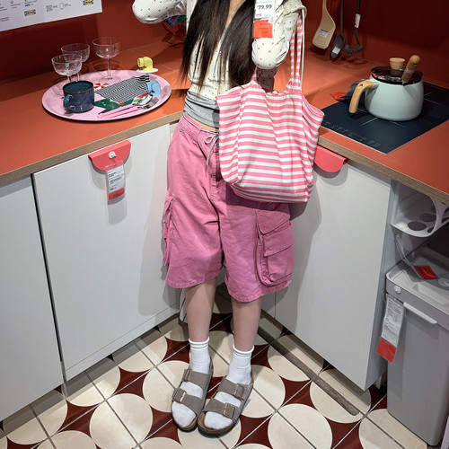 大码美式复古粉色多口袋工装七分裤女夏季设计感宽松休闲阔腿短裤 - 图3